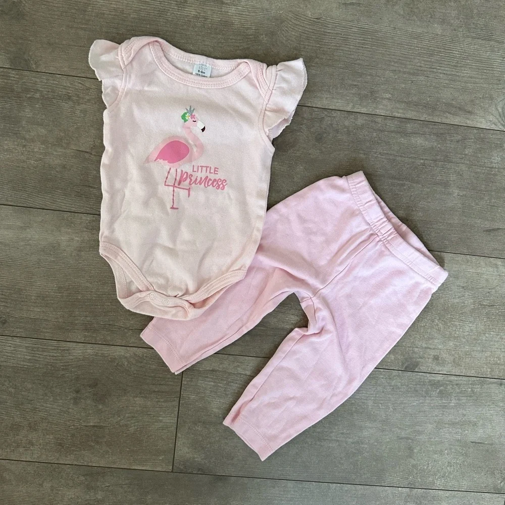 Baby Kiss Girl Flamingo ‘little princess’ top, carters bottoms outfit girl